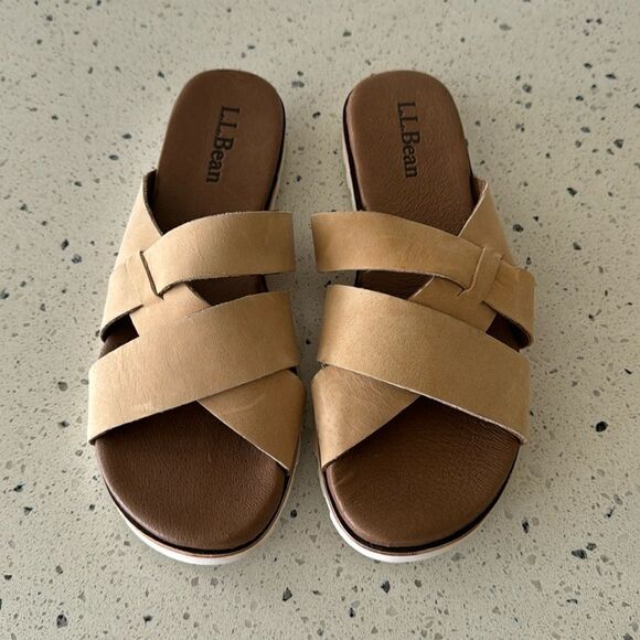 L.L. Bean Women's Natural Tan Leather Straps Slides Casual Sandals Size 9 NWOT - Picture 2 of 12